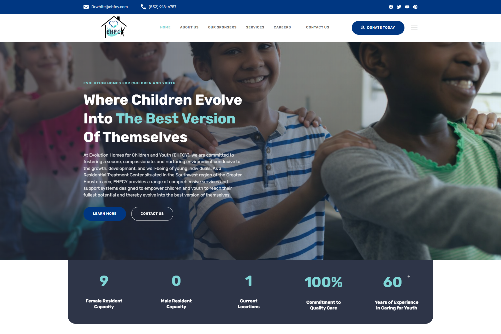 Evolution Homes for Children and Youth website - Comprehensive care facility web development